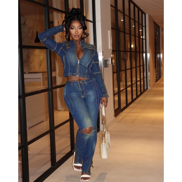 Zipper Design Denim Jacket Cut Out Jeans Two Pieces Set