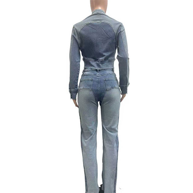 Color Block Patchwork Style Washed Denim Jacket Two Pieces Jeans Set