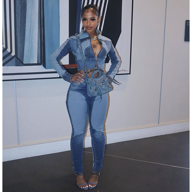 Color Block Patchwork Style Washed Denim Jacket Two Pieces Jeans Set