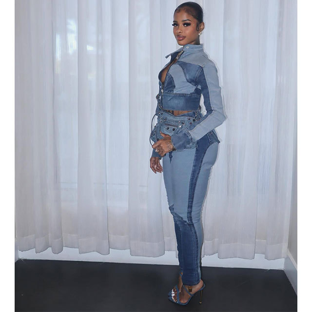 Color Block Patchwork Style Washed Denim Jacket Two Pieces Jeans Set