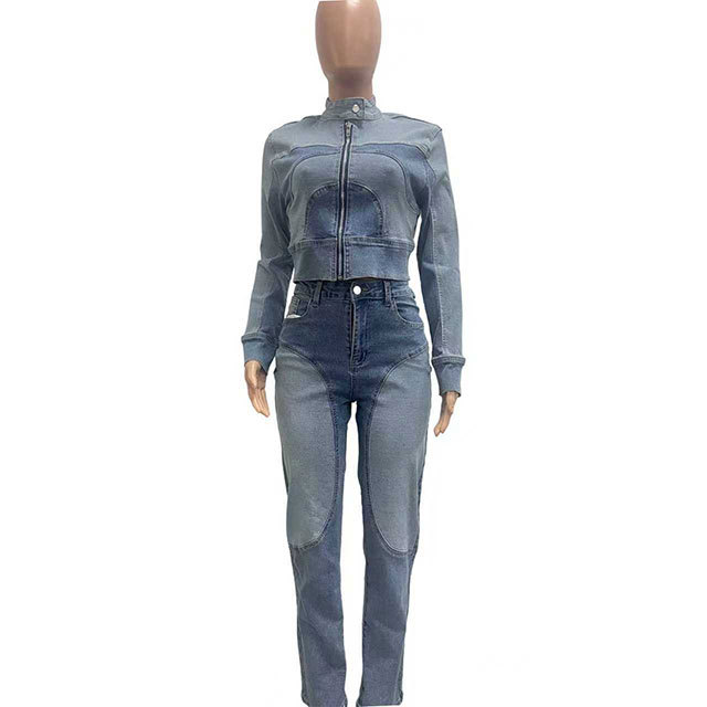 Color Block Patchwork Style Washed Denim Jacket Two Pieces Jeans Set