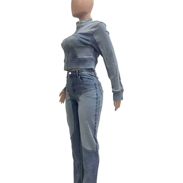 Color Block Patchwork Style Washed Denim Jacket Two Pieces Jeans Set