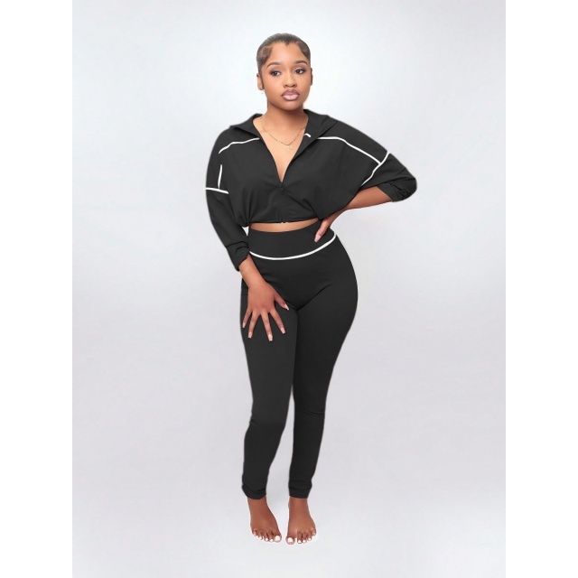 Casual Style Zipper Up Cropped Top Slim Pant Set