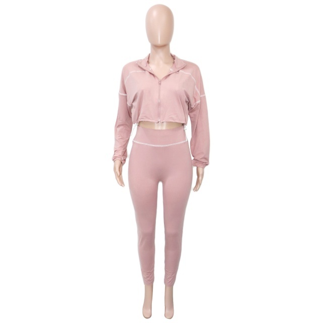 Casual Style Zipper Up Cropped Top Slim Pant Set