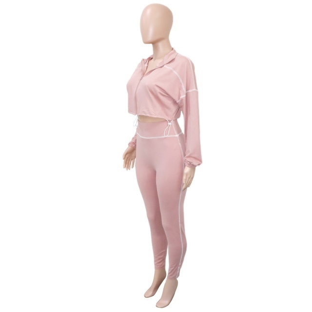 Casual Style Zipper Up Cropped Top Slim Pant Set