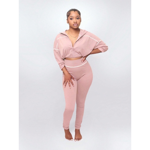 Casual Style Zipper Up Cropped Top Slim Pant Set