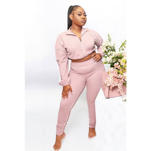 Casual Style Zipper Up Cropped Top Slim Pant Set