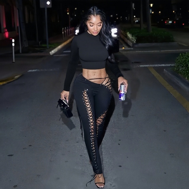 Long Sleeve Crop Top Hollow Out Laced Up Legging Set