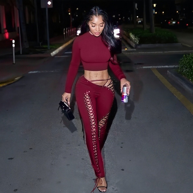 Long Sleeve Crop Top Hollow Out Laced Up Legging Set