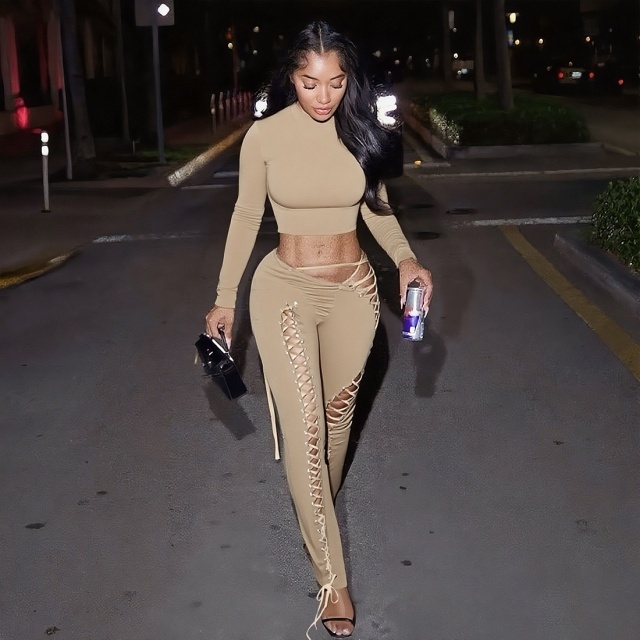 Long Sleeve Crop Top Hollow Out Laced Up Legging Set