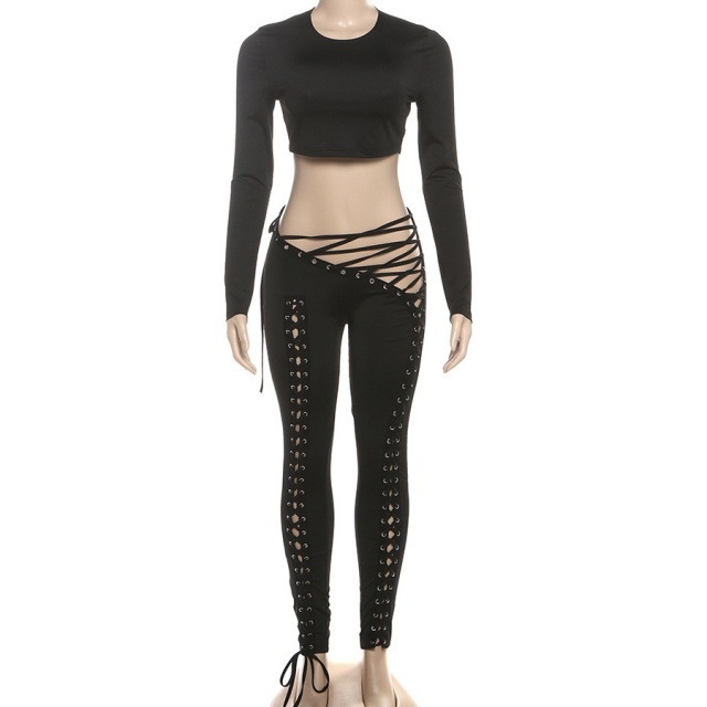 Long Sleeve Crop Top Hollow Out Laced Up Legging Set