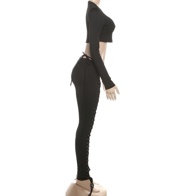 Long Sleeve Crop Top Hollow Out Laced Up Legging Set