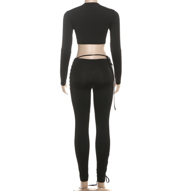 Long Sleeve Crop Top Hollow Out Laced Up Legging Set