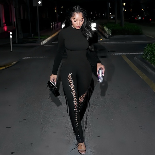 Long Sleeve Hollow Out Laced Up Jumpsuit