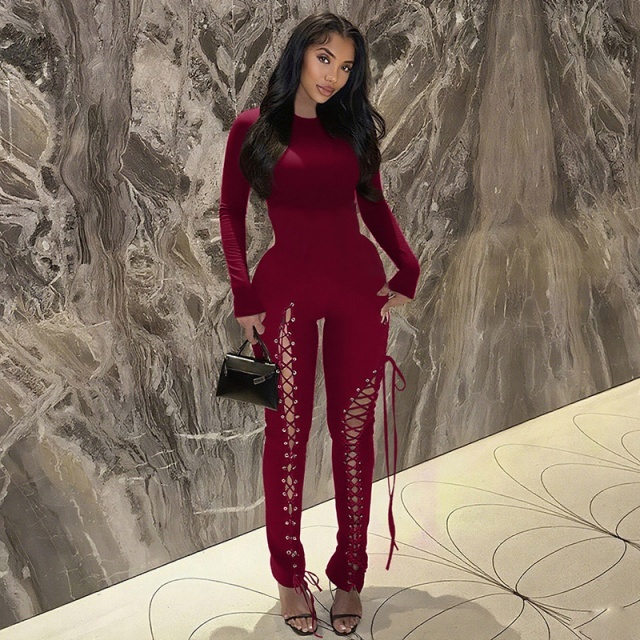 Long Sleeve Hollow Out Laced Up Jumpsuit