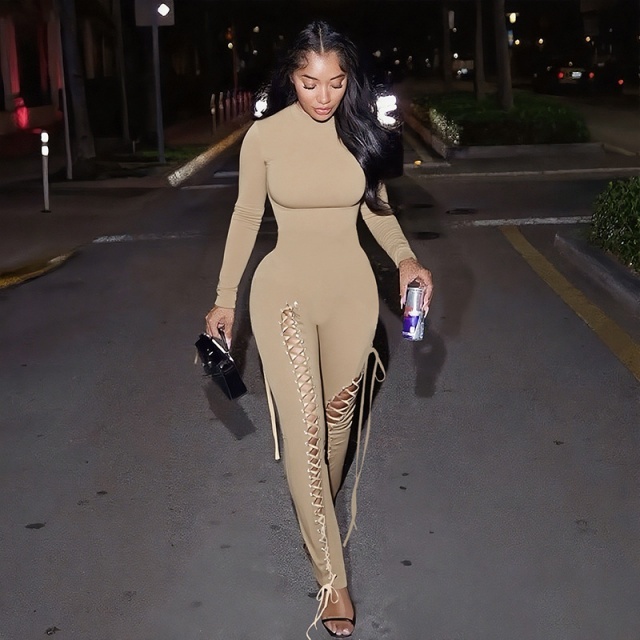 Long Sleeve Hollow Out Laced Up Jumpsuit