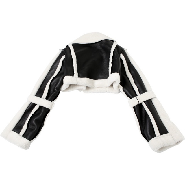 PU Leather Patchwork Furry Short Jacket Coat