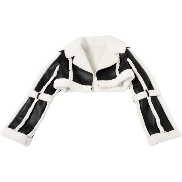 PU Leather Patchwork Furry Short Jacket Coat