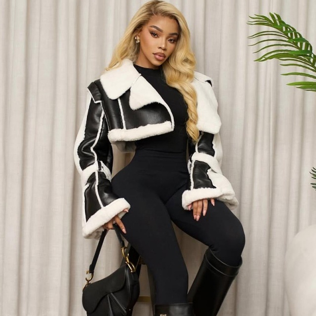 PU Leather Patchwork Furry Short Jacket Coat