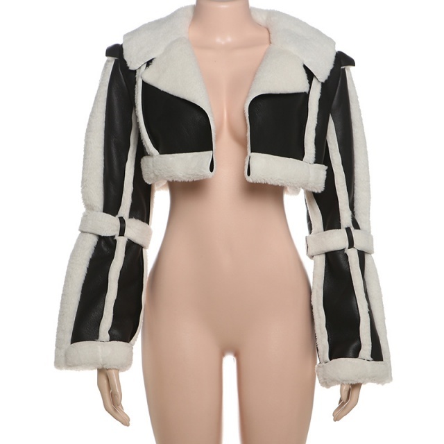 PU Leather Patchwork Furry Short Jacket Coat