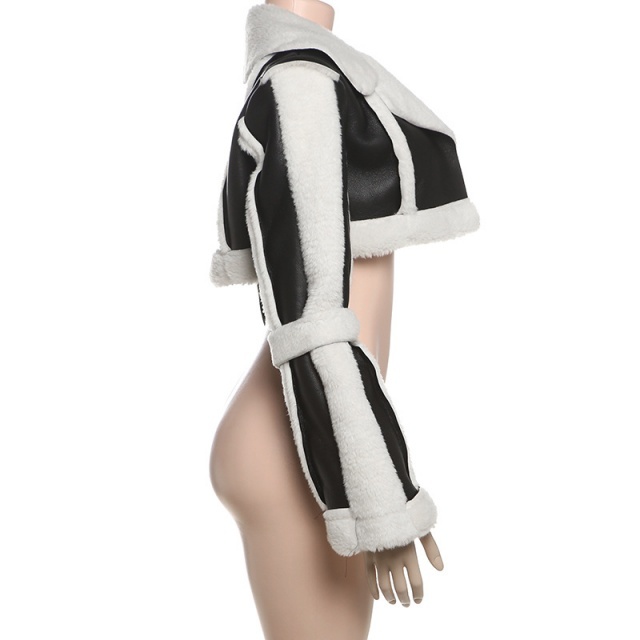 PU Leather Patchwork Furry Short Jacket Coat