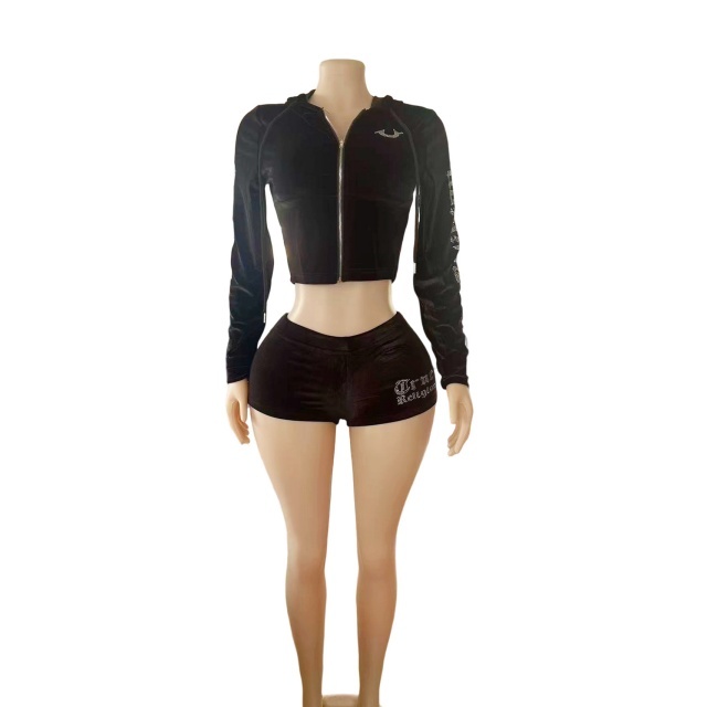 Rhinestoned Long Sleeve Jacket Top Two Pieces Short Set