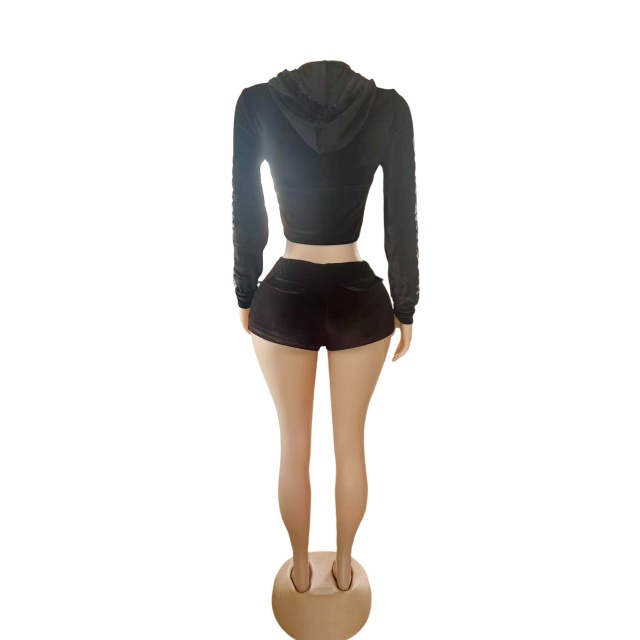 Rhinestoned Long Sleeve Jacket Top Two Pieces Short Set