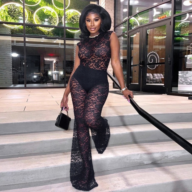 See Through Lace Teddies Top Flare Pant Set