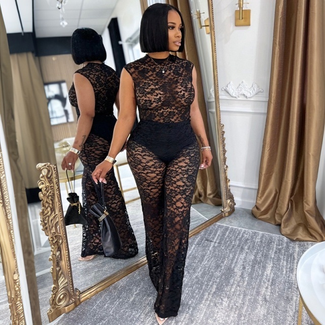 See Through Lace Teddies Top Flare Pant Set
