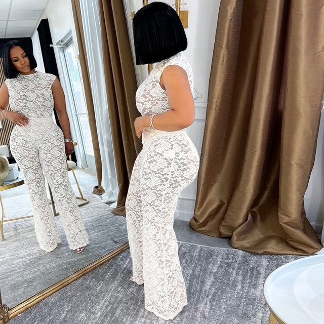See Through Lace Teddies Top Flare Pant Set