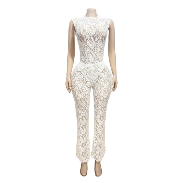 See Through Lace Teddies Top Flare Pant Set