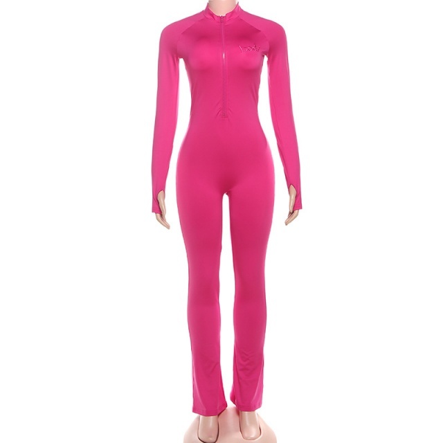 Embroidery Zipper Up Tight Jumpsuit