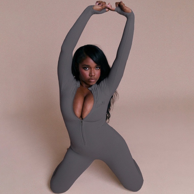 Embroidery Zipper Up Tight Jumpsuit