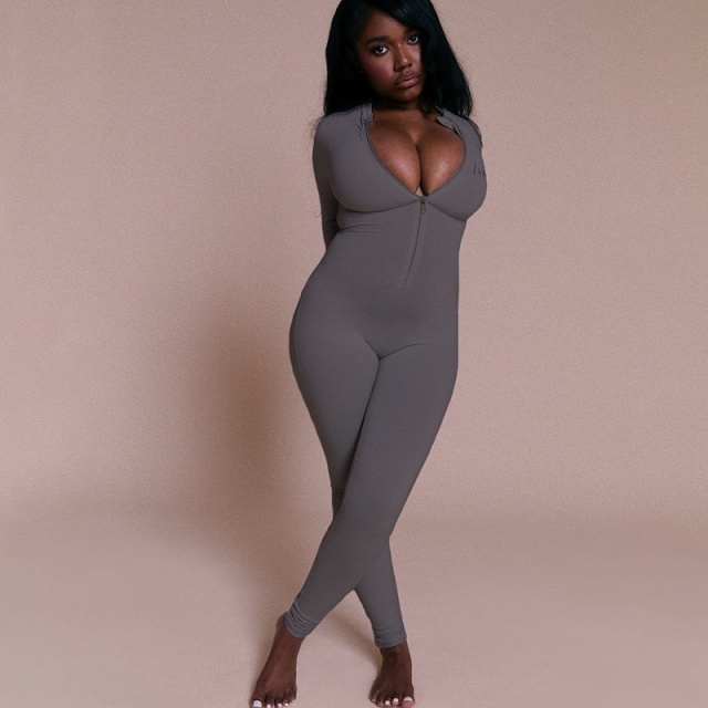 Embroidery Zipper Up Tight Jumpsuit