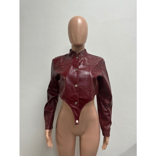 PU Leather Buttons Up Short Jacket