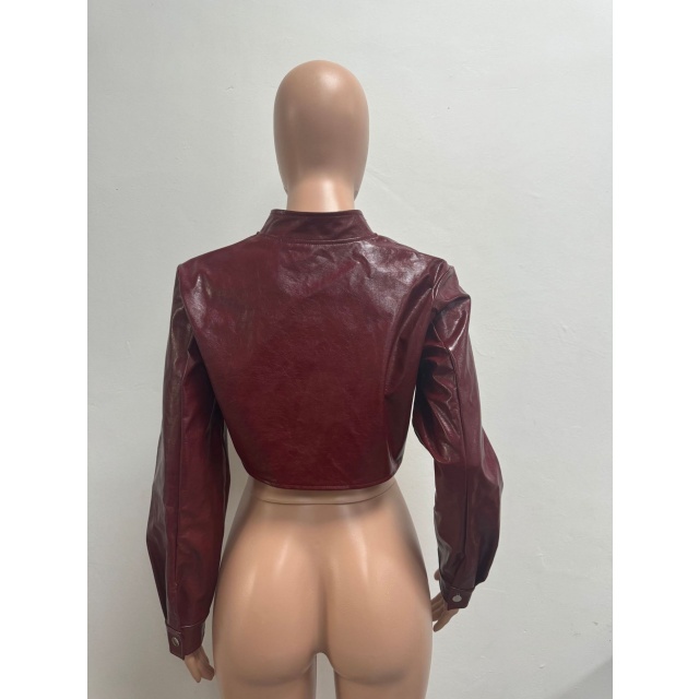 PU Leather Buttons Up Short Jacket