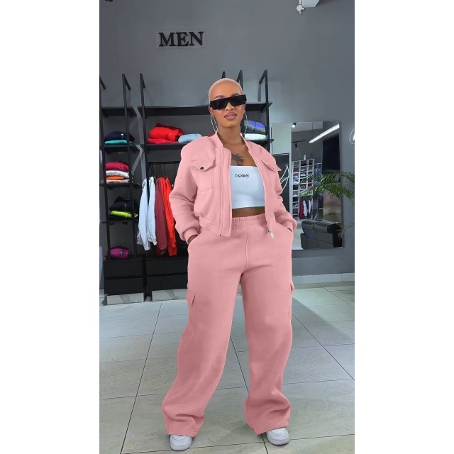 Solid Color Pocket Design Two Pieces Jogging Pant Set