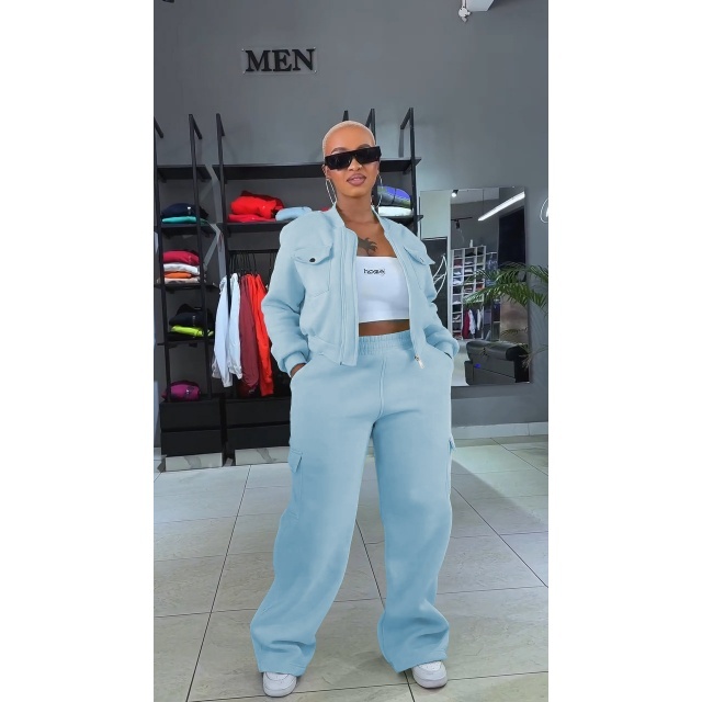 Solid Color Pocket Design Two Pieces Jogging Pant Set