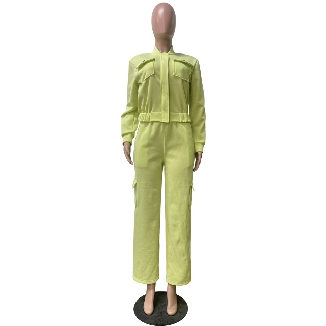 Solid Color Pocket Design Two Pieces Jogging Pant Set