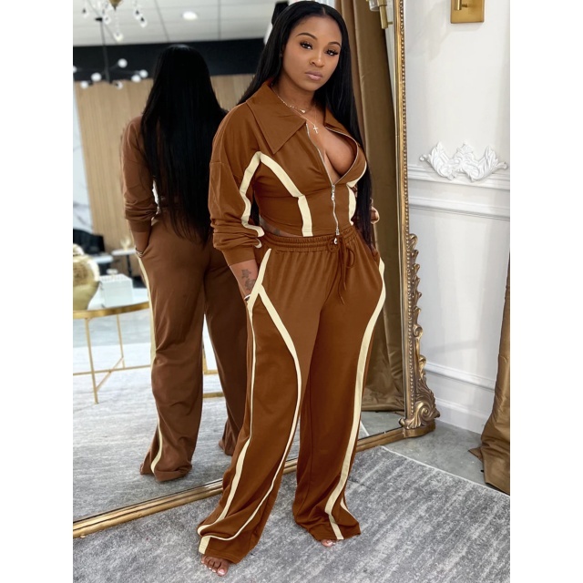 Striped Patchwork Style Zipped Up Top Wide Legs Pant Set