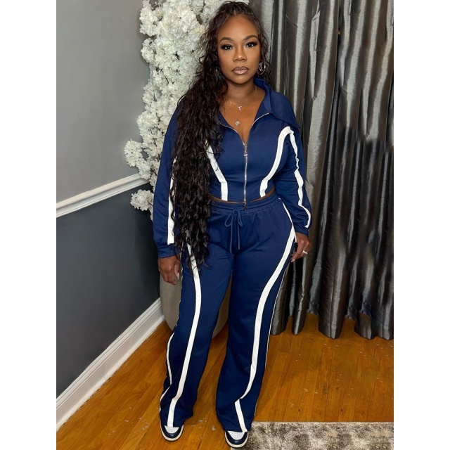 Striped Patchwork Style Zipped Up Top Wide Legs Pant Set