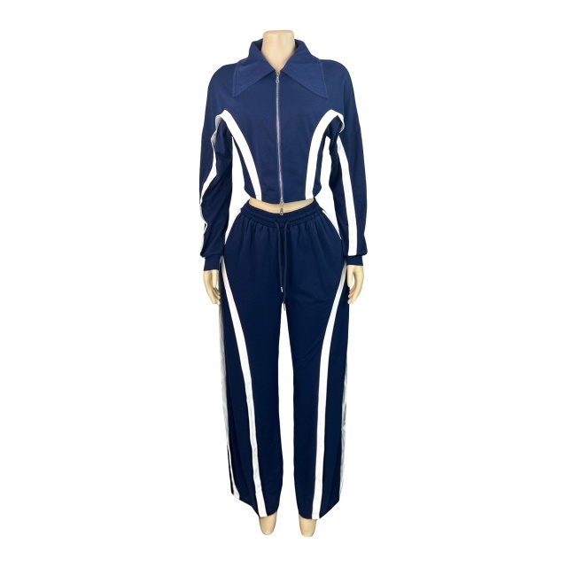 Striped Patchwork Style Zipped Up Top Wide Legs Pant Set