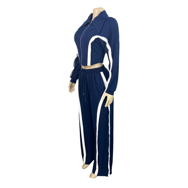 Striped Patchwork Style Zipped Up Top Wide Legs Pant Set
