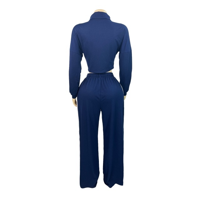 Striped Patchwork Style Zipped Up Top Wide Legs Pant Set