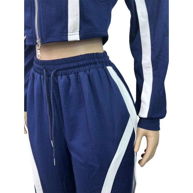 Striped Patchwork Style Zipped Up Top Wide Legs Pant Set
