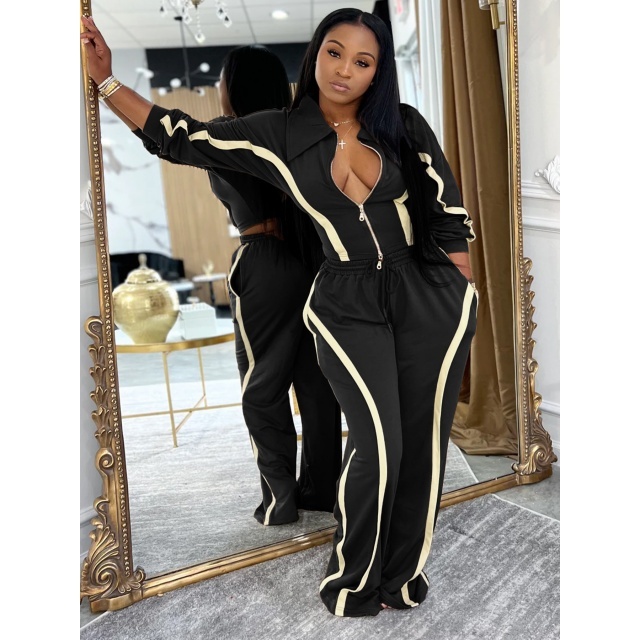 Striped Patchwork Style Zipped Up Top Wide Legs Pant Set
