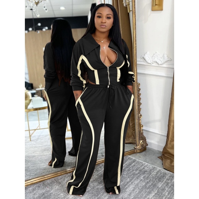Striped Patchwork Style Zipped Up Top Wide Legs Pant Set
