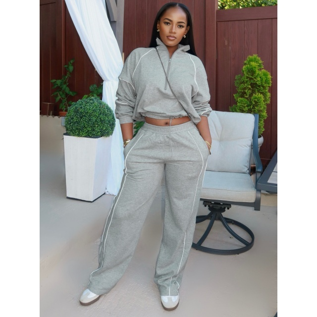 Casual Style Long Sleeve Zipped Up Top Jogging Pant Set