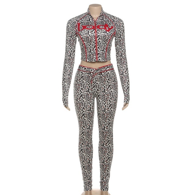 Leopard Printed Zipper Up Top Skinny Legging Set