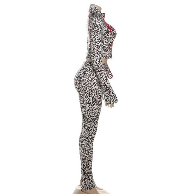 Leopard Printed Zipper Up Top Skinny Legging Set